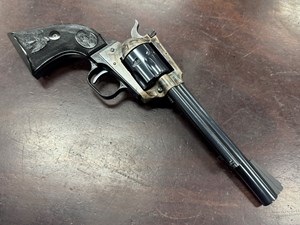 COLT
NEW FRONTIER
22LR
6 SHOT
6 INCH BARREL
COLOR CASE FINISHED FRAME
ADJUSTABLE REAR SIGHT
ORIGINAL BLACK COLT GRIPS
#G217119

EXC+ $890