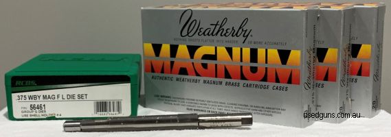RCBS Group G Full Length die set 375 wby mag, ( PTG- Pacific Tool & Gauge finish Reamer 375 wby mag, 60x new Weatherby brass cases.