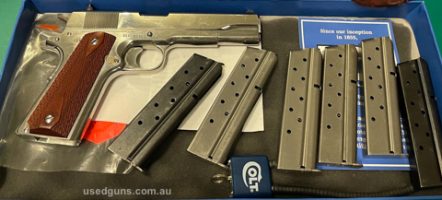 Colt 5‚Äö√Ñ√π 1911 38 Super in Bright Stainless from Colt Custom shop for sale. Comes with lovely presentation case, leather holster and 6 magazines. Will suppl