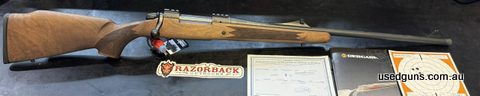As new Bergara B14 Hunter in 375 H&H, walnut stuck, 24 inch barrel, threaded muzzle, safari style open Hi viz fibre optic sights, comes with original manual and