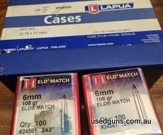Unopened 100pcs Lapua 243W brass and 200 x 108gn Hornady ELD-M projectiles. Bullets same batch#. One box opened but none used. Other unopened. Brass box unopene