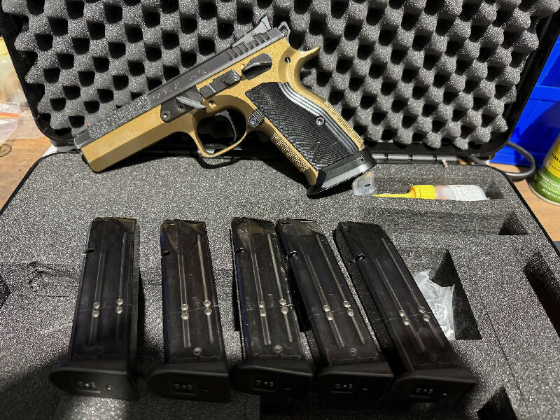 CZ TS2 DEEP BRONZE, EXCELLENT CONDITION, FULL EEMAN TECH UPGRADE WITH ALL ORIGINAL PARTS, 5 UNUSED CZ MAGAZINES, INCLUDES FREIGHT AND COMES WITH LIFETIME CZ BAR