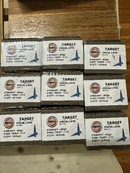 Outer edge projectiles, .416 cal, 452 grain target. 9 full boxes, 1 part box. 99 projectiles. $375 including post.
