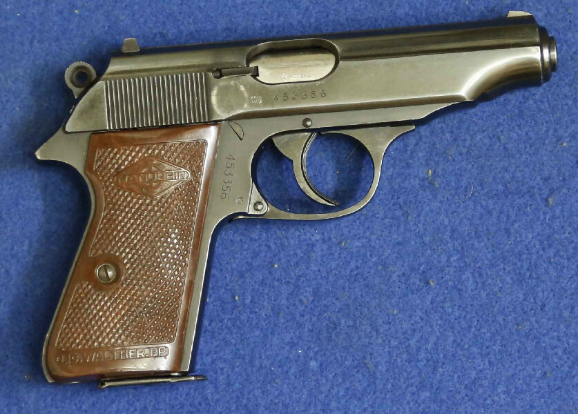 Walther PP made in France, timber grips semi auto 7.65mm, has minor blemish in bluing