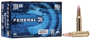 FEDERAL
FAE308VP
AE VARMINT
308WIN, 130GR, HOLLOW POINT
AMMUNITION

SPECIAL
$79.90 /PER 40
$369 /PER 200