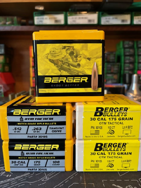 5 Boxes of Berger 30 CAL 175 grain OTM tactical projectiles, 100 per box.