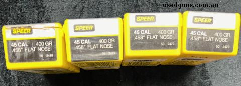 4 packs of 50 Speer 45Cal .458 400gr Flat Nose projectiles. $15 post Australia Wide.