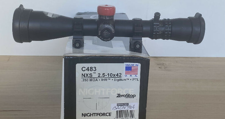 Nightforce NXS 2.5-10x42, .250 MOA. Illuminated Reticle.  Comes with Nightforce ultra light one inch high rings (valued around $300) plus Nightforce rubber flip