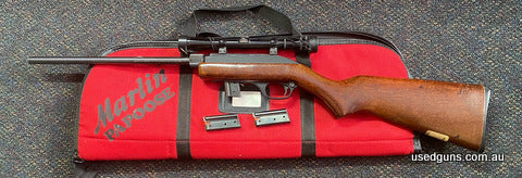 Good condition Marlin 70P takedown in 22LR. Has a Redfield 2 3/4X scope mounted. Comes cased with 3 magazines. Cycles well. Great semi auto. $65 freight to your