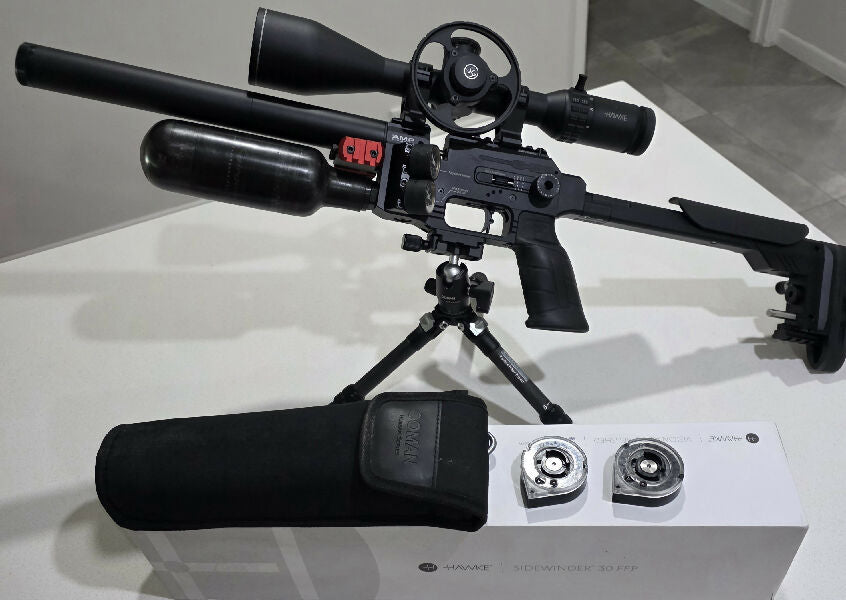fx panthera hunter .22, in excellent condition, comes with coman tripod, 2 magazines, hawkee sidewinder ffp scope. upgrades mdt over moulded grip, arca rail, pi