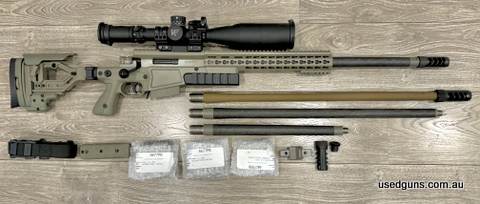 Accuracy International AXMC chambered in 308W, Elite Sand, Research Proof Carbon Fibre barrel 24" length chambered in 6.5 CM with 6.5 cal AREA 419 muzzle brake 
