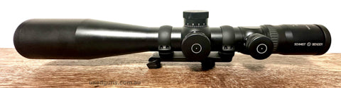Schmidt and Bender 4-16x50 PMII / LP P3, cwt. single turn turret, .1 mil adjustments and illuminated reticle. Scope has a few light marks, but the glass is in e