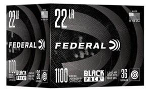 FEDERAL
F36BF1100
BLACK PACK
22LR, 36GR, LEAD HOLLOW POINT
1260 FPS
AMMUNITION

SPECIAL
$129 /PER 1100
$509 /PER 4400