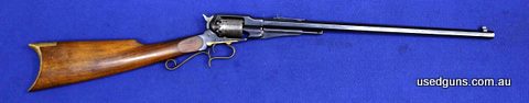 1858 carbine, 44 BP rifle with revolving action, some scuff marks on stock. Prohibited item NSW. Dealers only