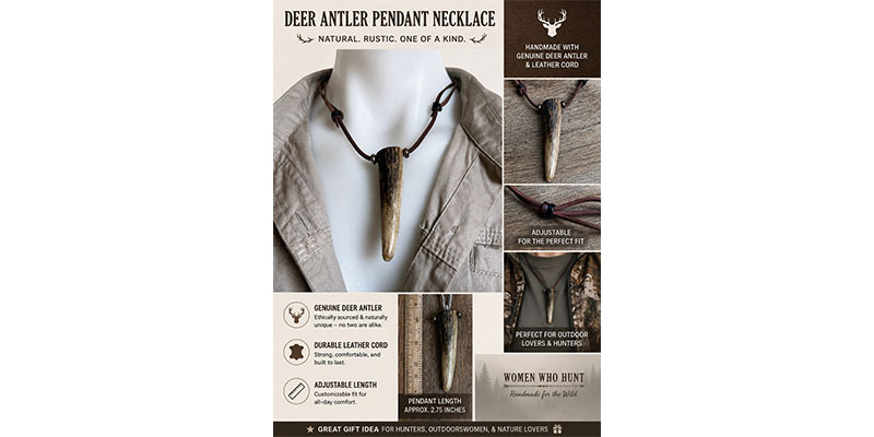 Handmade Deer Antler Pendant Necklace – White Antler with Dark Cord