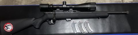 Savage MK2 fv-sr 22lr, threaded 16.5 inch barrel 4-16x50 scope, Leupold 1 inch rings. Comes with 3 ten round mag and on 5 round.