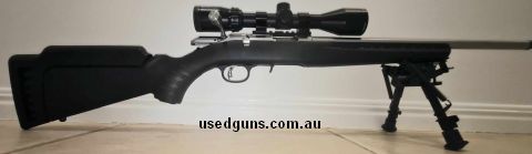 As new perfect condition American stainless. Threaded muzzle Pic rail Leupold rings Bushnell Banner Dusk til Dawn 3-90X40 scope Lucky 13, 25 shot magazine Ruger