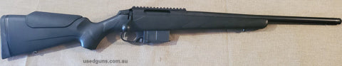 Tikka T3 in 308 CTR Med/Heavy bbl with threaded end & cap. Black synthetic with cheek piece, picatinny rail, not fired as new.