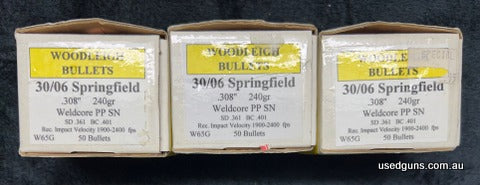 3 full packs of 50. Woodleigh 30-06 308W 240gr Weldcore PP SN projectiles. $15 post Australia wide.
