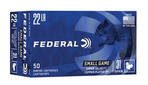 FEDERAL
F724
SMALL GAME
22LR, 31GR, COPPER PLATED
HOLLOW POINT, HYPER VELOCITY
AMMUNITION
1430 FPS

SPECIAL
$69.50 /PER 500
$679 /PER 5000