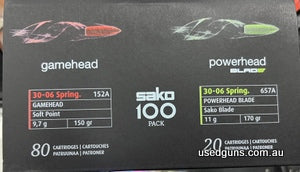 Reduced from $287 to clear. Sako Anniversary pack of 100 rounds in 30-06. 80 x 150gr Gamehead and 20 x 170gr Powerhead Blade rounds. Super cheap at only $2 a ro