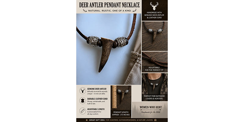 Handmade Deer Antler Pendant Necklace – Dark Antler with Silver Bead Detail