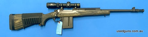 Ruger Gunsite Scout chambered in 308W. Has a Leupold VX-R 1.25-4x20 Hog scope mounted. Spika buttstock shell holder. Detachable 10 round magazine. 16.5 inch bar