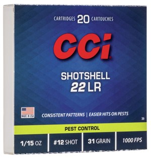 CCI
C39
SHOTSHELL
22LR, 1/15 OZ, 12 SHOT
31 GRAIN
AMMUNITION
1000 FPS

$20.90 /PER 20
$94.05 /PER 100
