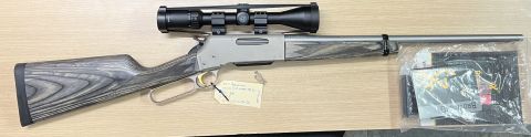 NICE EXAMPLE OF BROWNING BLR STAINLESS LAMINATE TAKEDOWN, THE PERFECT HUNTING RIFLE. COMPLETE WITH ALL PAPERWORK FRONT SIGHT AND A SECOND FACTORY 4 SHOT MAGAZIN