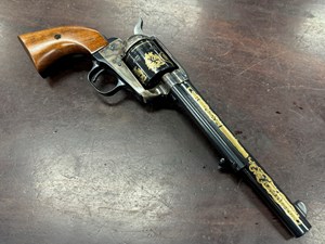 COLT
SAA - SINGLE ACTION ARMY
COMMEMORATIVE
44-40 (44WCF)
6 SHOT
7.5 INCH BARREL
COLOR CASE FINISHED FRAME
WALNUT GRIPS
GOLD INLAY AND ENGRAVED
DEEP GLOSS BLUED FINISH
SAM COLT GOLD SIGNATURE ON BACK STRAP
COLT HARTFORD ADDRESS ON BARREL
ORIGINAL BOX
ONE ONLY
#2459WC

UNFIRED $3290