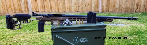 Tikka T3 action with Swan Barrel chambered in 22xc, 6xc necked down to 22 cal. Fluted bolt, Timney two stage trigger, Manael muzzle brake, all fitted and cerako