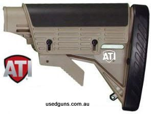 ATI AR-15 Strikeforce Stock, Desert Tan. Six Position Adjustable Stock with Scorpion Razorback Recoil Pad and Adjustable Cheek rest. **Currently in stock, and o