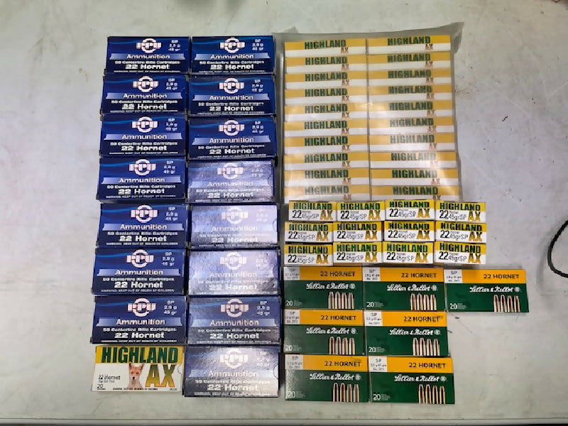22 Hornet Loaded Ammo. Bulk lot of 1550 rounds all 45gn Soft Points. The Highland and PPU ammo is the same (both made by PPU)