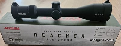 Up for sale is this new Accura Reacher  4.5x27x50 in brand new condition illuminated nice eye relief distance and great awesome magnification not a single mark 
