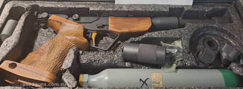 An old but good air pistol. Cased with accessories, cylinder that can be filled from scuba tank, spare O rings and fittings.Comes with 4 and a 1/2 tins pellets 