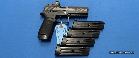 Sig Sauer P320 in 9mm. Comes with 5 x magazines total. Mounted is Romeo 1 reflex sight. Has an underbarrel rail for attachment. Slide racks well.