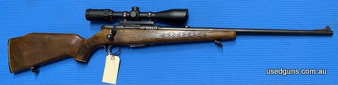Good condition Savage 340E in 22 Hornet. Nikko Stirling Platinum 3-10x42 mounted. Some marks to the stock.