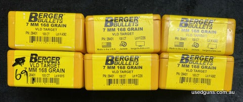 5 full packs of 100 and an open pack of 69 projectiles (569 projectiles total). Berger 7mm 168gr VLD Target. $15 post Australia Wide.