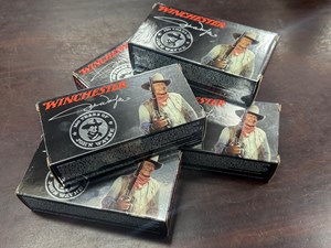 WINCHESTER
JOHN WAYNE
COMMEMORATIVE COLLECTOR AMMO
45 LONG COLT, 250GR, LEAD FN
AMMUNITION
FOURTEEN ONLY

NEW $99 /PER BOX OF 50