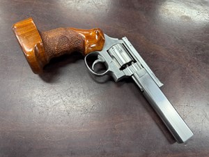SMITH & WESSON
MODEL 64 CUSTOM
357 MAGNUM
6 SHOT
6 INCH MATCH BULL BARREL
STAINLESS STEEL
TARGET GRIPS
WEAVER RAIL
BOBBED HAMMER
MATCH TRIGGER WITH TRIGGER STOP
MANUF BY ROL CUSTOM
#BSD4678

EXC $790