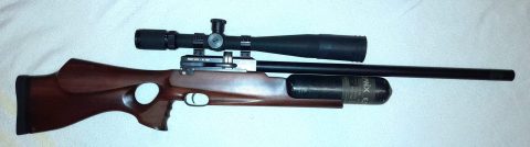 As new Evanix 357cal big bore PCP air rifle. Side Lever / Biathlon action. 7 shot rotary magazine. 480cc carbon fibre bottle. Shrouded barrel. Has always been a