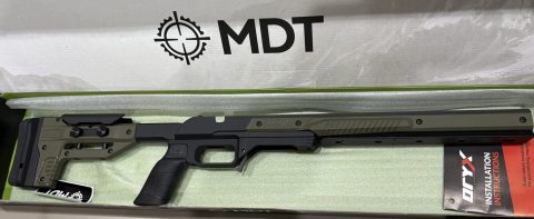 As New MDT Oryx Chassis OD Green, for Lithgow LA 102 SA RH thumb screw adjustable Cheek piece full length Arca rail