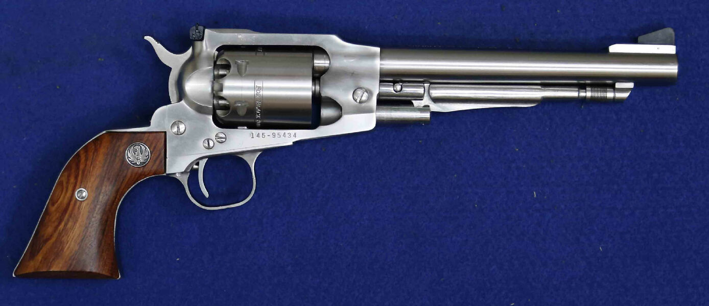 Ruger Old Army 45cal BP, percussion cap, timber grips, 6 shot revolver SS, open sights, 190mm barrel.