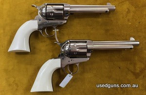 New Pair Uberti Cattleman SASS PRO Nickel 357m Revolvers 5.5" Low Hammers , Short Stroked & Slicked from Factory
