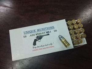 UNIQUE MUNITIONS
455 WEBLEY AMMUNITION
265GR CAST LEAD

$129 /PER 50