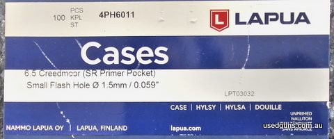 100 pieces of 6.5 Lapua brass. Small Rifle primer. New and still factory sealed.