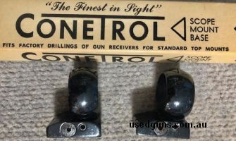Conetrol Custum 1" gloss blued steel 2pc mounts quality USA made. Suits Brno rifles or other makes with 14-16mm dovetail receiver's. Phone 0429849007. If reply 