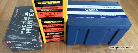 100 x Lapua Brass (Brand new) 300 x Berger 210gr VLD Hunting (Same batch number) 2 Boxes hornady precision hunter