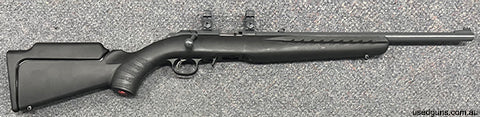 Ruger American Youth Compact 22wmr. Has seen very little use. Open sights and 1" rings for scope. Has had barrel, action, bolt and rings coated with Duracoat. $