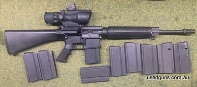This AR-10 comes with eight additional 20 round magazines and an excellent Trijicon sighting system.An excellent, accurate high quality rifle well suited for pe